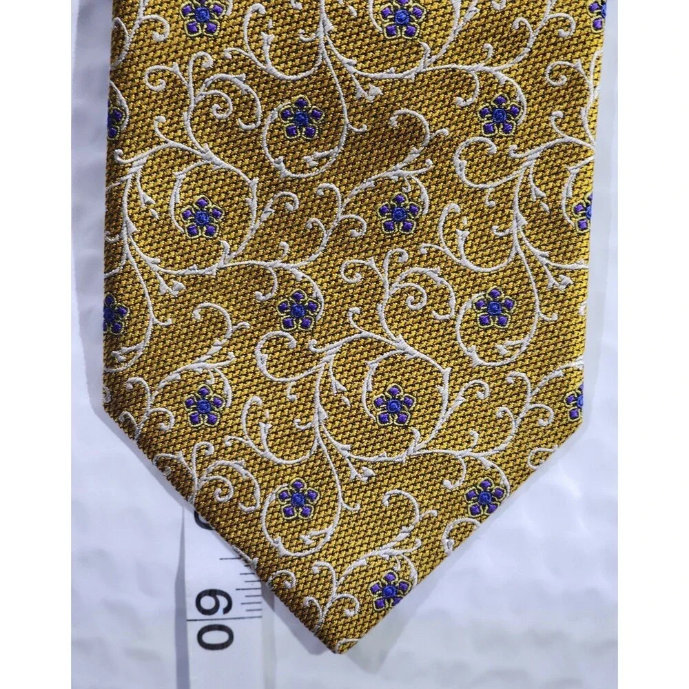 Gold Faberge Men’s Handmade 100% Silk Necktie, Floral & Scrolling Vines,